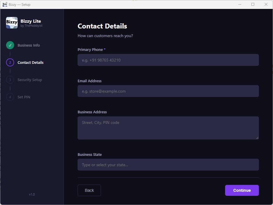 Setup step 2 — contact details